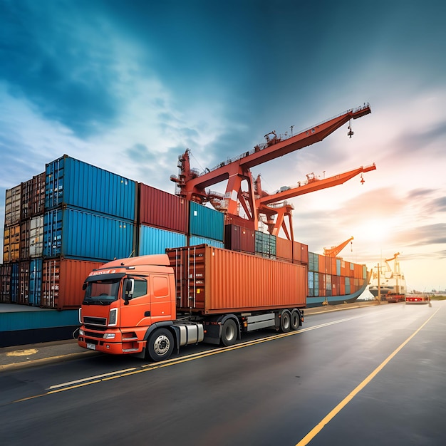 Photo camion porte-conteneurs dans le port de navire pour la logistique commerciale et le transport d'un cargo porte-conteneurs