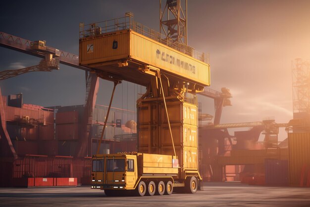 Un camion porte-conteneurs jaune avec un ciel bleu et des nuages en arrière-plan