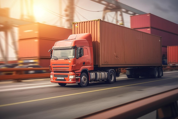 Un camion porte-conteneurs passant par le centre de distribution logistique Concept d'entreprise logistique