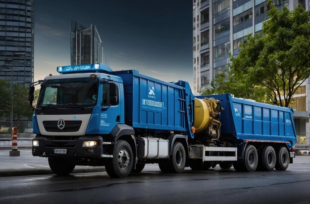 Un camion de poubelle dans une rue urbaine mouillée