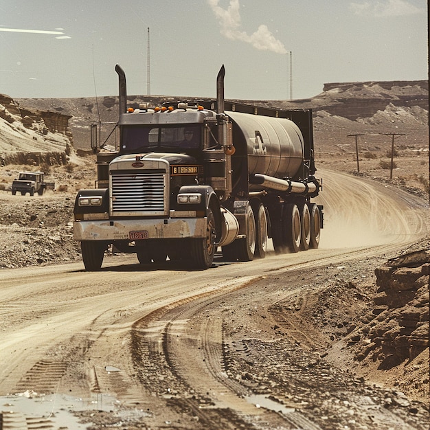 un camion qui dit que le réservoir est en train de descendre une route de terre