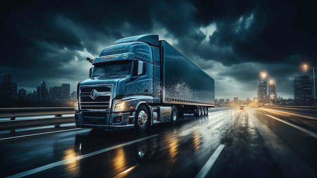 Un camion qui roule sur une autoroute la nuit photographie professionnelle photographie de magazine réaliste réel
