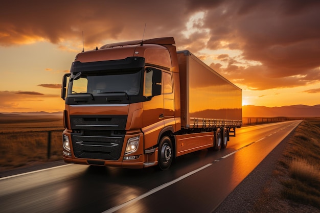 Un camion qui roule sur une route au coucher du soleil