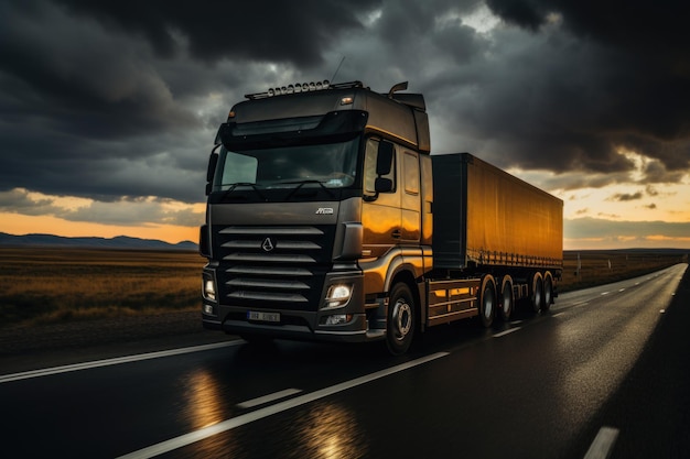 Un camion qui roule sur une route au coucher du soleil