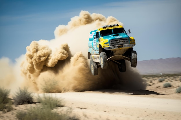 Camion de rallye volant dans les airs avec chauffeur naviguant sur un saut délicat