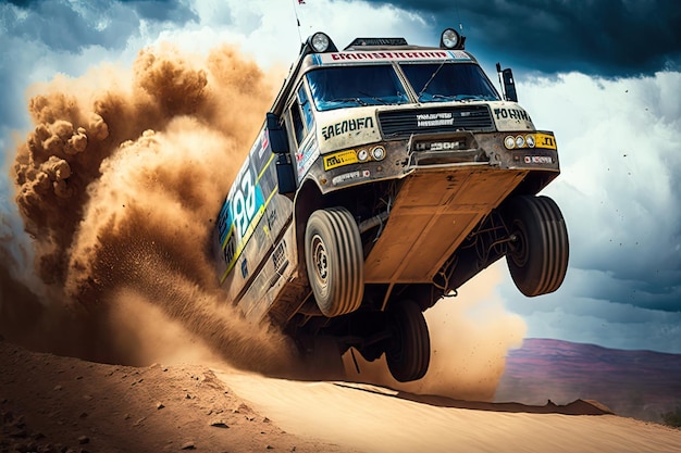 Camion de rallye volant dans les airs avec chauffeur naviguant sur un saut délicat