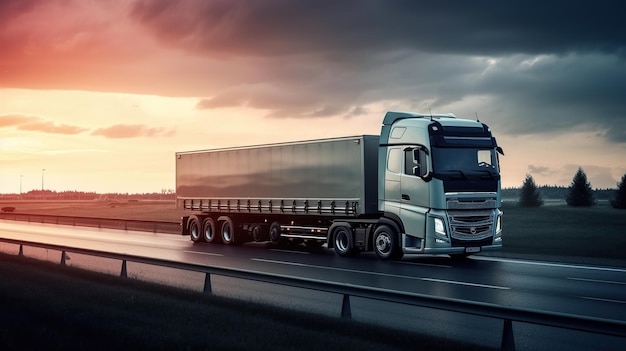 Un camion avec une remorque descend la route la nuit livraison de marchandises par route