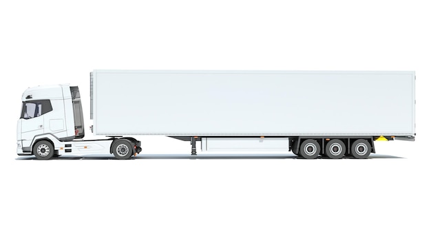 Photo camion avec remorque réfrigérateur reefer rendu en 3d sur fond blanc