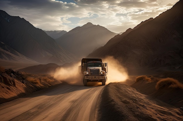 Un camion robuste avance sur une route entourée de montagnes IA générative