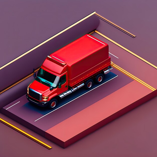 Un camion rouge 3d sur un parking