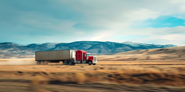 Photo un camion rouge américain traverse les états-unis sur une route vide.