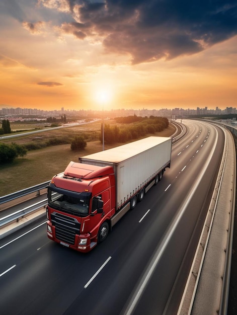 un camion rouge avec un camion de boîte blanche sur la route