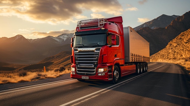 Un camion rouge avec un conteneur sur l'autoroute roulant sur une route