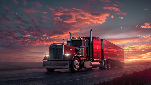 un camion rouge avec un coucher de soleil en arrière-plan