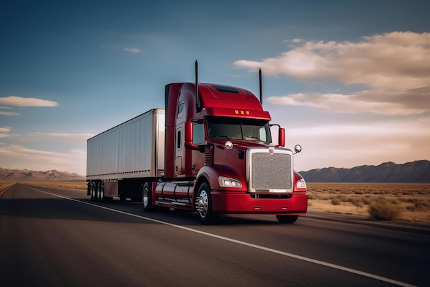 Un camion rouge avec une remorque blanche sur la route