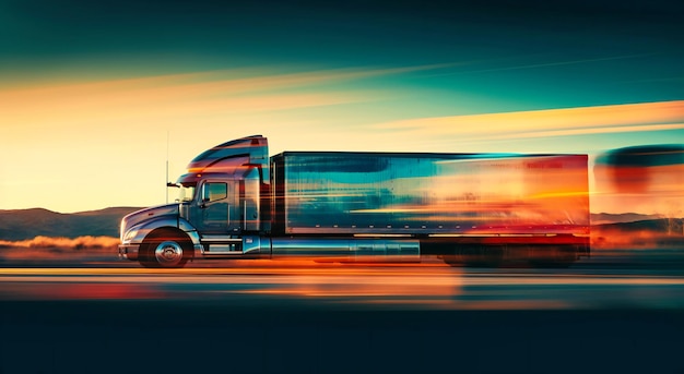 Un camion roulant sur une autoroute au coucher du soleil