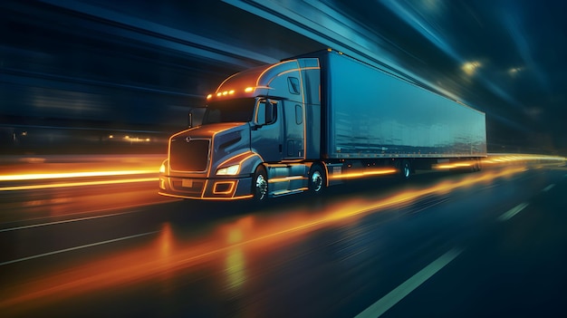 Un camion roulant sur une autoroute avec une remorque sur le côté.