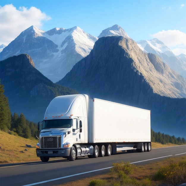 Un camion roulant sur une route avec une montagne en arrière-plan