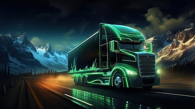 un camion roule sur une colline la nuit dans le style du design technologique