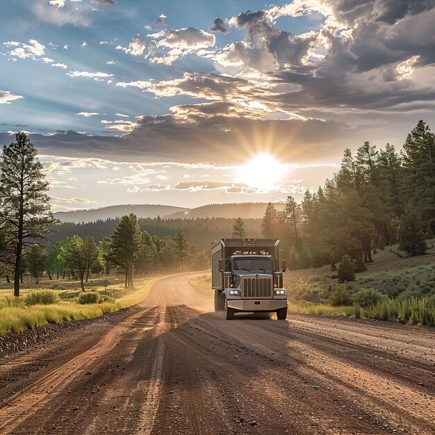 un camion roule sur une route de terre avec le soleil qui brille à travers les nuages