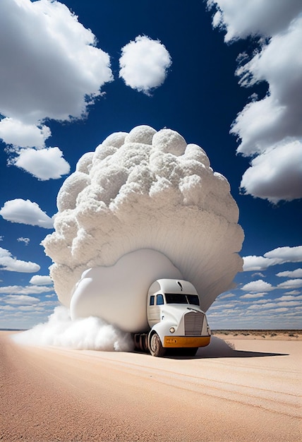 Photo un camion roule à travers un nuage de fumée et les mots 
