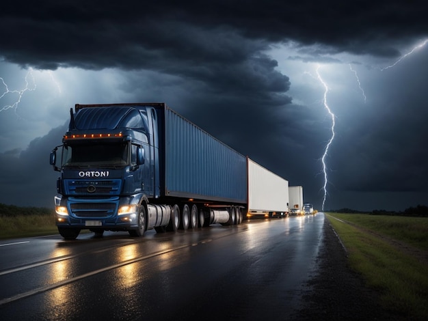 camion sur route avec conteneur ciel sombre pluie avec nuages d'orage et éclairs générés par IA