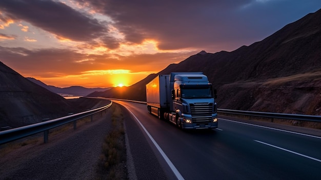 Photo camion route conteneur coucher de soleil autoroute ai généré