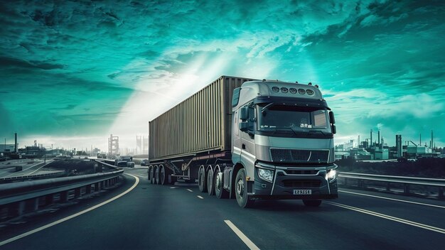 Camion sur route avec conteneur logistique industriel avec ciel bleu