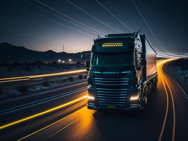 Camion semi-remorque sur l'autoroute la nuit avec motion blur