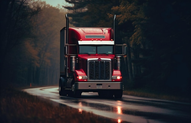 Camion semi rouge roulant sur route