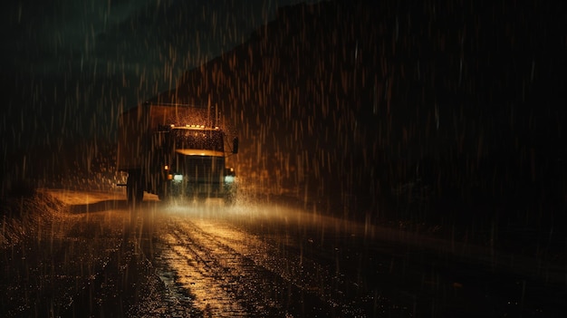 Un camion solitaire passe à travers une violente tempête de pluie la nuit les lumières perçant la pluie torrentielle