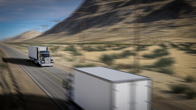Camion de style américain sur autoroute tirant une charge Illustration 3D du thème du transport