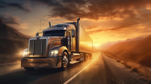 Photo camion de style américain conduisant sur la route goudronnée dans un paysage rural au coucher du soleilcréé avec la technologie generative ai