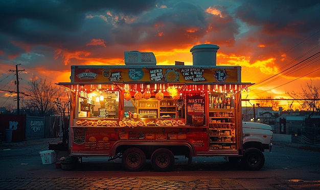 Un camion de tacos au coucher du soleil.
