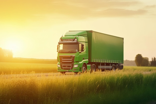 Camion de transport traversant une prairie verte floue au coucher du soleil Generative AI