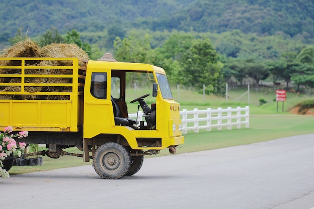 Camion transportant la charge de balles de foin. Scène agricole dans la campagne de l&#39;arrière-pays