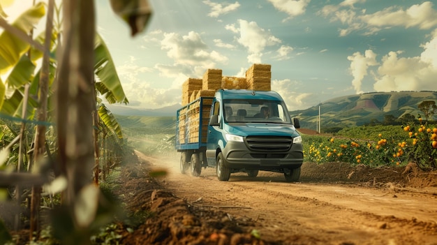 Un camion transportant des tas de foin roule le long d'une route vide contre des champs en arrière-plan d'été