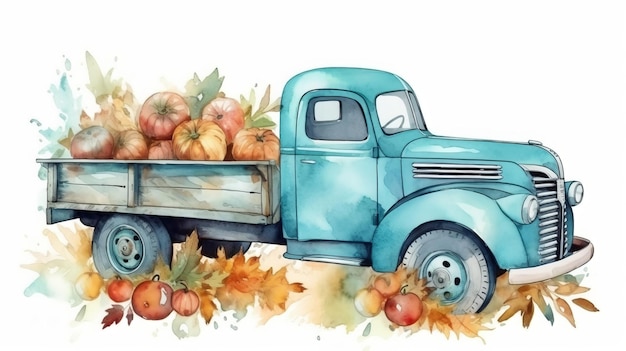 Camion turquoise aquarelle vintage avec des plantes de ferme d'automne