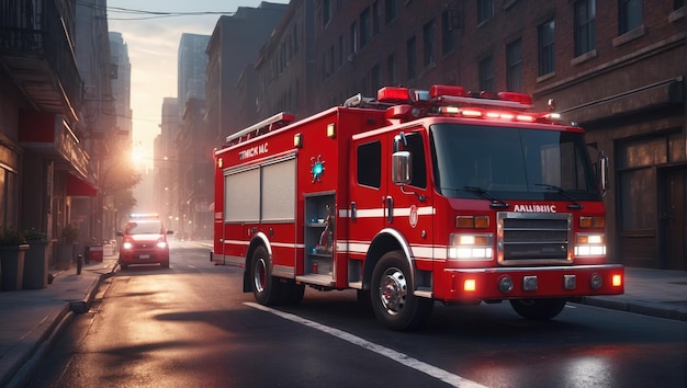 un camion d'urgence rouge qui descend une rue de la ville