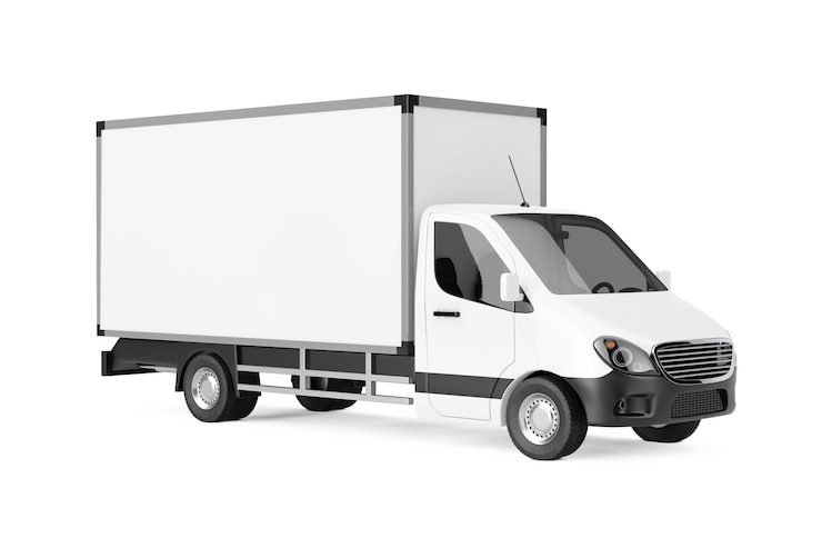 Photo camion van de livraison de fret industriel commercial blanc sur fond blanc. rendu 3d