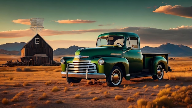 Photo un camion vert est garé devant une grange avec les mots « old ford » sur le côté.