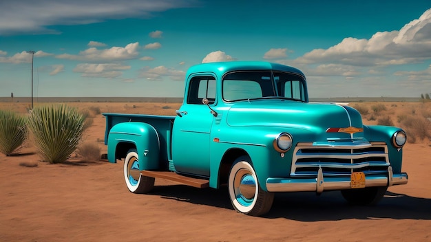 Photo un camion vintage bleu est garé dans le désert.