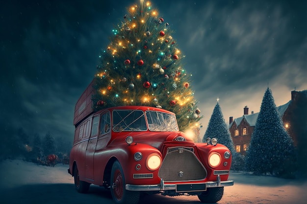 Un camion vintage rouge avec un sapin de noël sur le toit