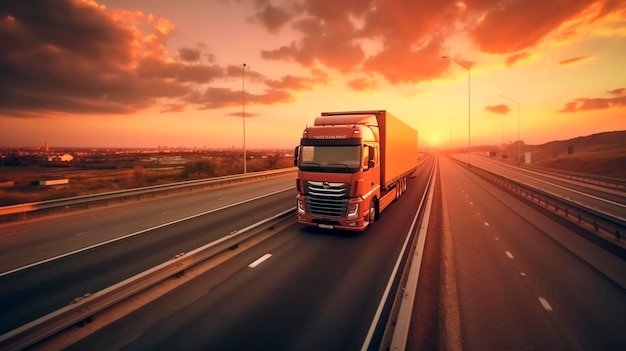 Le camion sur la voie de l'autoroute au lever ou au coucher du soleil la voiture effectue le transport international de marchandises IA générative