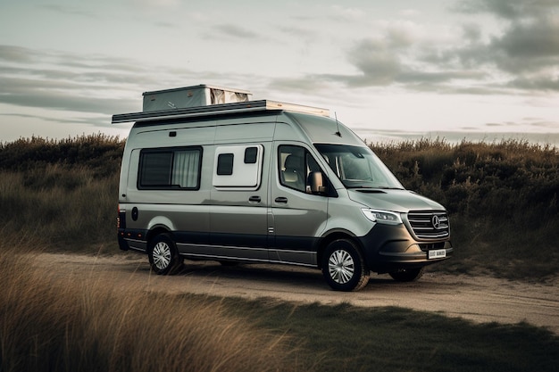 Une camionnette argentée avec un camping-car sur le toit garé sur un chemin de terre.