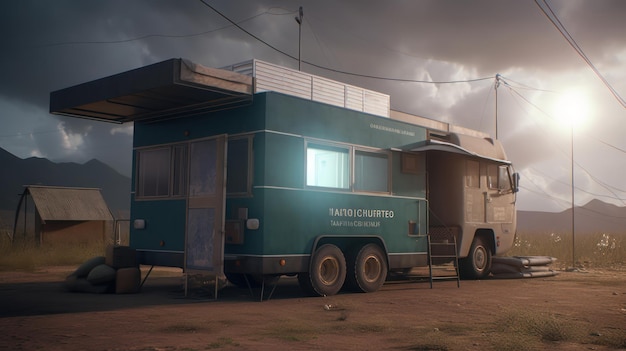 Une camionnette bleue avec les mots église tato sur le côté