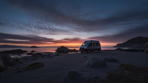 Une camionnette garée sur une plage au coucher du soleil