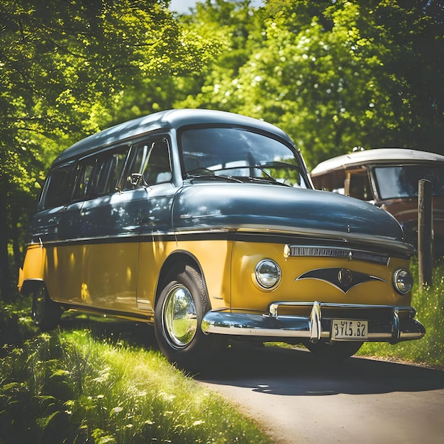 une camionnette jaune et noire est garée sur une route avec une voiture