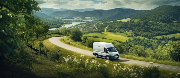 Une camionnette de livraison blanche roule sur une route de campagne pendant l'été entourée de verdure