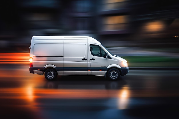 Une camionnette de livraison avec des lumières rougeoyantes et un flou de mouvement rapide IA générative